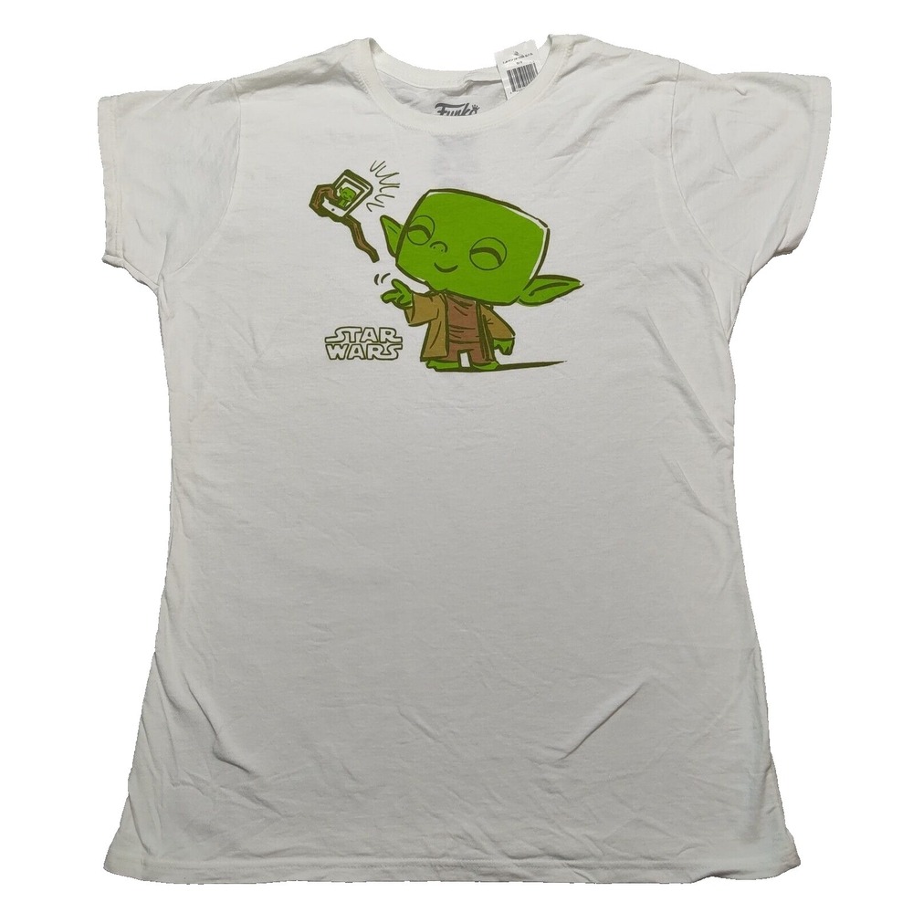 Star Wars YODA SELFIE FUNKO Juniors XL‎ White Graphic T-Shirt NEW *WASHED